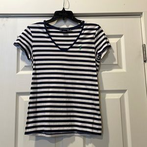 Navy and white striped Ralph Lauren Sport v neck shirt